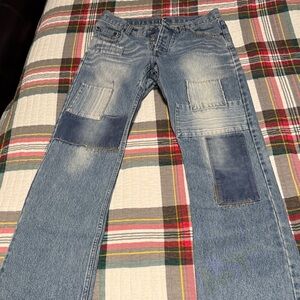 Express Men's Blue Patchwork Straight Jeans